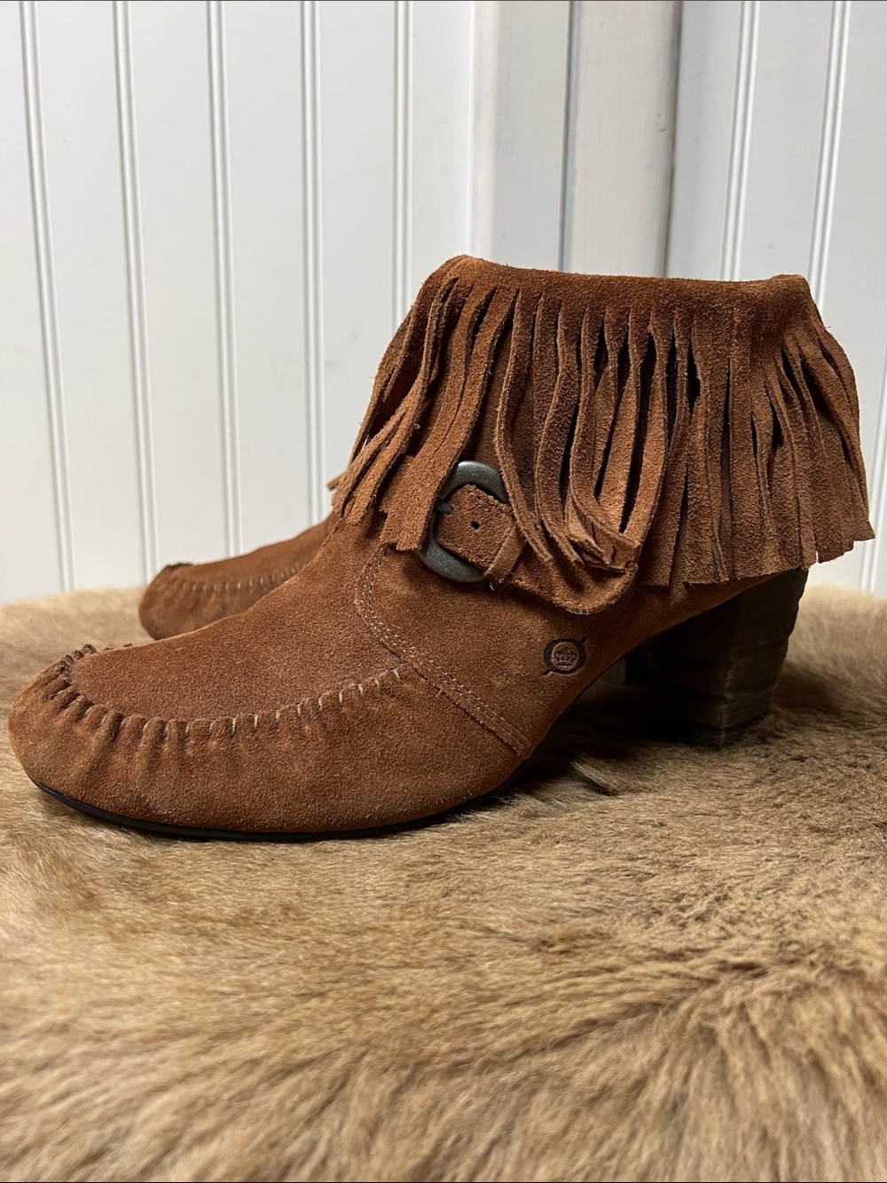Born Thora Fringe Leather Ankle Boots 11 Booties Saddle Brown - Picture 3 of 6